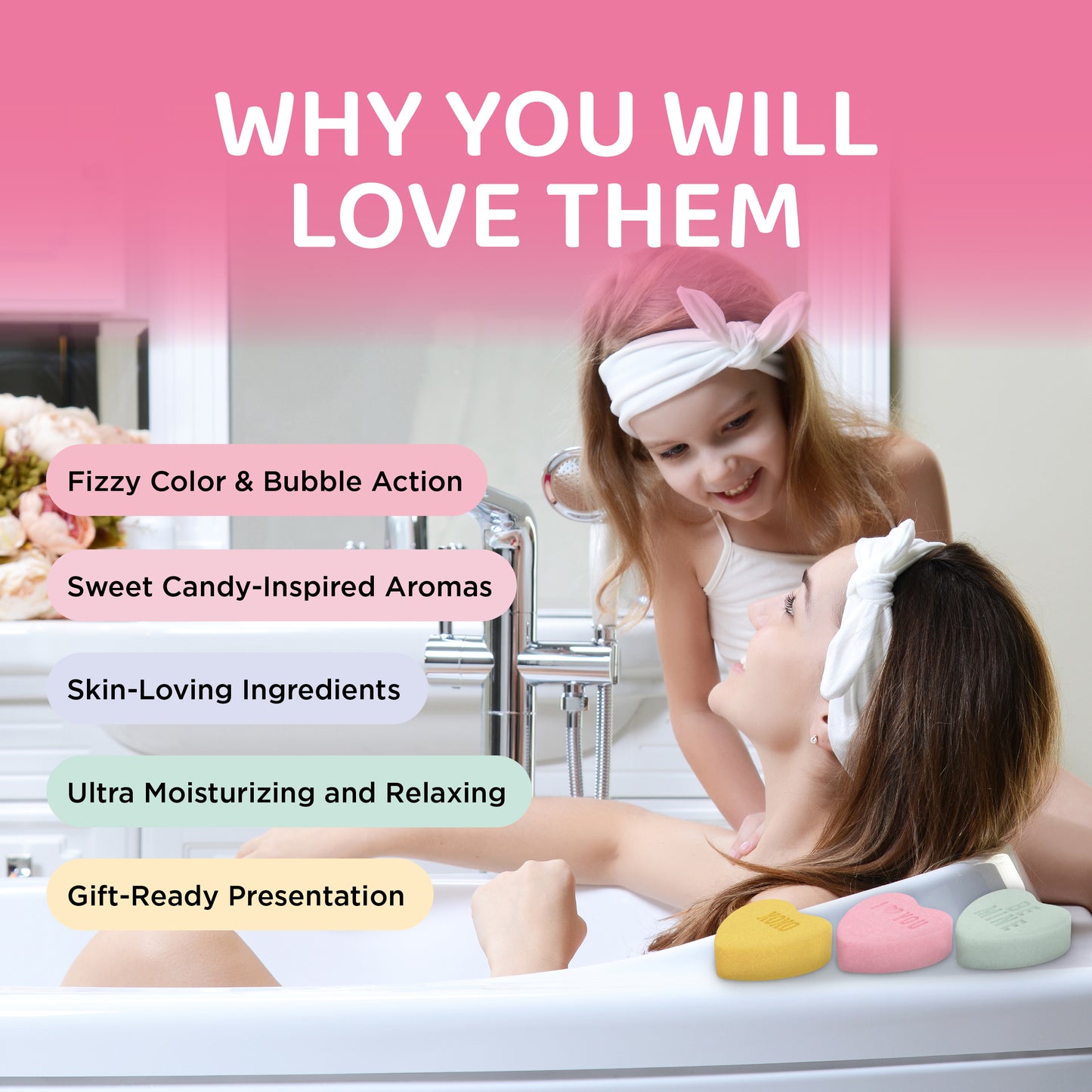 Candy Hearts Bath Bombs for Her (3 Pack)